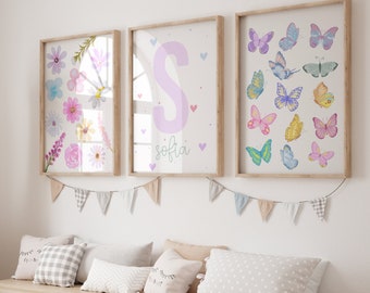 Personalized Butterfly Nursery Prints, Pastel Flowers, Set of 3 (Digital Download)
