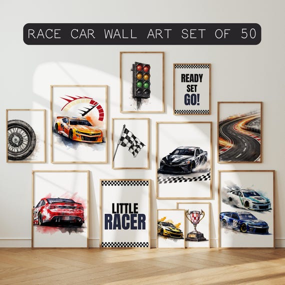 Race Car Wall Art Set of 50, Racing Car Nursery Prints, Kids Car Wall Decor, Boys Room Art, Race Car Poster Bundle, Sport Cars Prints