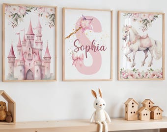 Pink Princess Unicorn Nursery Wall Art, Pink Castle Girl Room Decor, Fairy Nursery Prints, Unicorn Wall Decor, Girl Floral Nursery