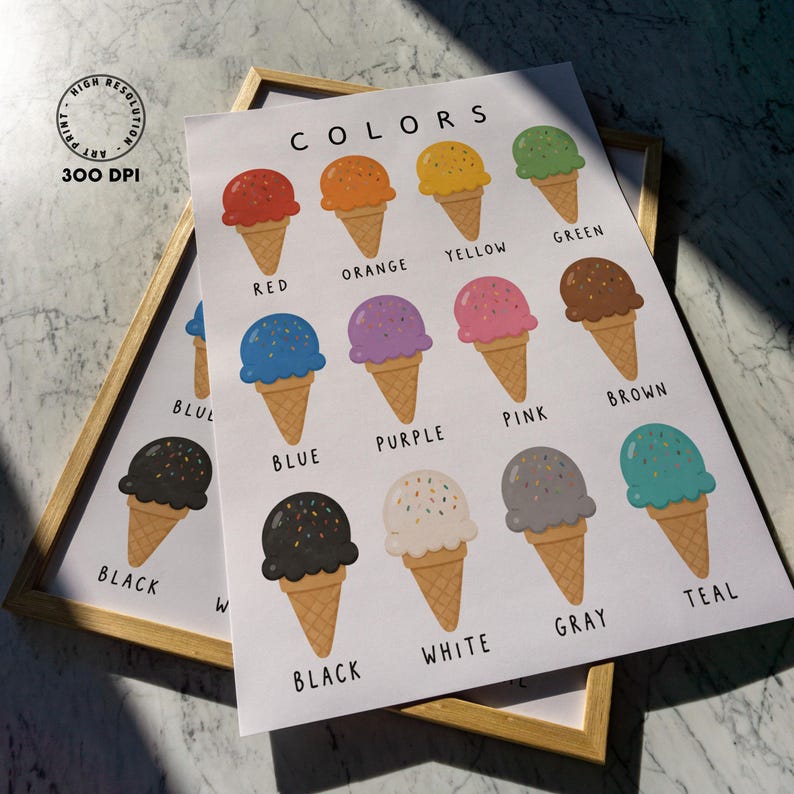 May include: A framed print featuring colorful ice cream cones labeled with different colors. The print includes the text "COLORS" at the top and "300 DPI" and "HIGH RESOLUTION ART PRINT" in the upper left corner.