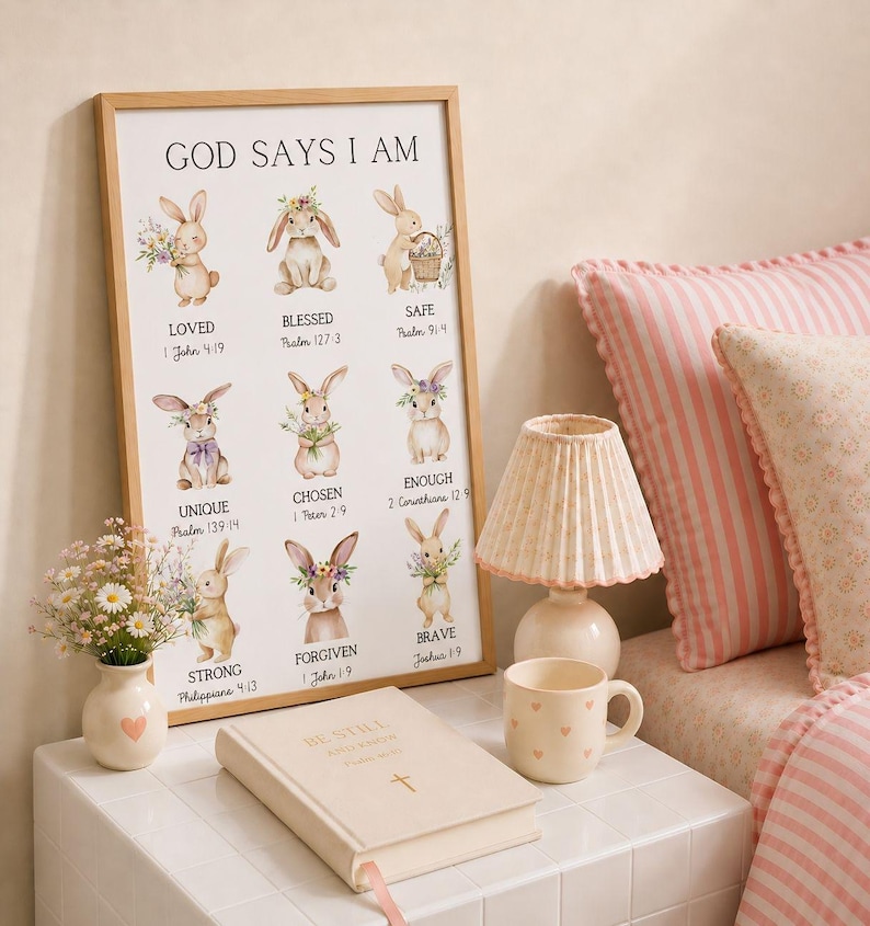 May include: A framed print with the text "GOD SAYS I AM" and illustrations of bunnies, along with inspirational words. A small lamp, a mug with hearts, a vase with flowers, and a book are on a white surface. Pink pillows and bedding are in the background.