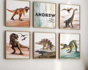 Juego de 6 láminas de dinosaurios, arte de pared de dinosaurios, decoración de habitación de dinosaurios, lámina de dinosaurios para guardería, lámina de dinosaurios, arte de dinosaurios, habitación con temática de dinosaurios