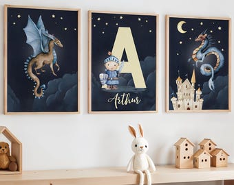 Dragon Nursery Prints, Dragon Poster, Dragon Decor, Mythical Creatures Prints, Castle and Dragon Prints, Fantasy Kids Room Decor, Dragon Art
