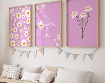 Set of 3 Pink Daisy Nursery Wall Art, Pink Nursery Decor, Quotes for Boho Girl Nursery Decor, Floral Decor for Baby’s Room, Daisies Poster