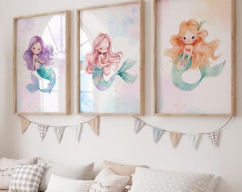 Mermaid Prints, Mermaid Room Decor, Mermaid Kids Room Decor, Mermaid Wall Art, Mermaid Girls Bedroom Art, Mermaid Art, Mermaid Set of 3