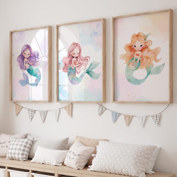 Mermaid Prints, Mermaid Room Decor, Mermaid Kids Room Decor, Mermaid Wall Art, Mermaid Girls Bedroom Art, Mermaid Art, Mermaid Set of 3