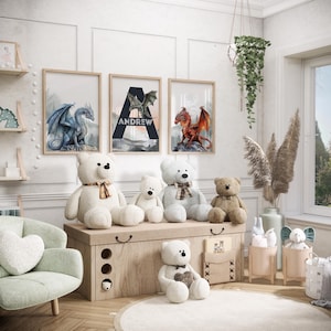 May include: A children's room scene featuring framed dragon art, teddy bears, and a storage chest. The artwork includes a blue dragon, a green dragon with the name "Andrew", and a red dragon. The room has a soft, neutral color palette.