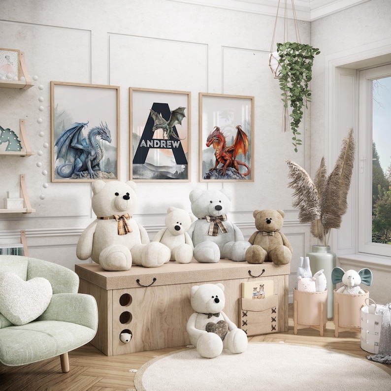 May include: A children's room scene featuring framed dragon art, teddy bears, and a storage chest. The artwork includes a blue dragon, a green dragon with the name "Andrew", and a red dragon. The room has a soft, neutral color palette.