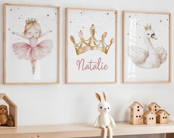 Pink Ballerina Nursery Prints, Swan Prints, Ballerina Themed Room, Ballet Prints, Princess Crown Decor, Ballet Wall Art, Dancer Girls Room