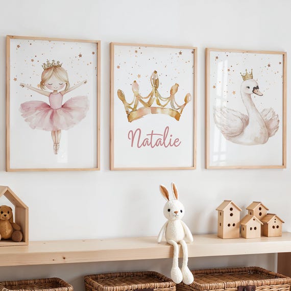 Pink Ballerina Nursery Prints, Swan Prints, Ballerina Themed Room, Ballet Prints, Princess Crown Decor, Ballet Wall Art, Dancer Girls Room