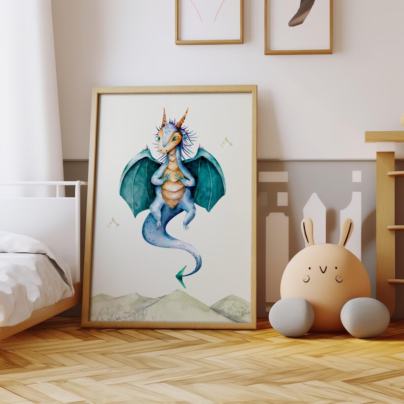 May include: A watercolor illustration of a blue and green dragon with a yellow belly, flying in the air. The dragon has a long tail and is surrounded by a white background.