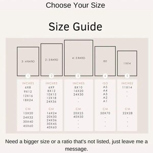May include: A size guide for prints, showing different aspect ratios and sizes in inches and centimeters. The ratios are 3:4, 2:3, 4:5, ISO, and 11x14. The sizes are 6x8, 9x12, 12x16, 18x24, 6x9, 8x12, 10x15, 12x18, 24x36, 8x10, 16x20, 24x30, A5, A4, A3, A2, A1, 11x14.