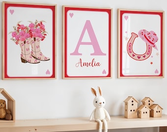 Cowgirl-Druck-Set, Western-Thema Schlafzimmer, Cowgirl-Kinderzimmer, rustikaler Schlafzimmerdruck, rosa Cowgirl-Wandkunst, wilder Westen, Landhauszimmerdekor