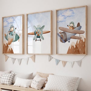 Impressões de berçário de avião, arte de parede de avião para crianças, decoração de quarto de meninos, tema de avião, decoração de berçário de avião, impressão de transporte, impressão de berçário de meninos