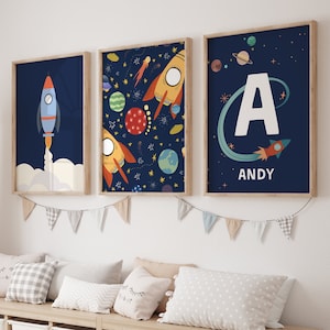 Set of 3 Space Theme Nursery Decor, Planet Nursery Art, Space Boys Room Decor, Space Playroom Prints, Spaceship Print, Planet Nursery Art