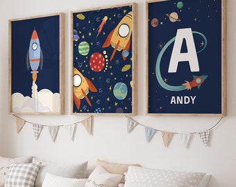 Set of 3 Space Theme Nursery Decor, Planet Nursery Art, Space Boys Room Decor, Space Playroom Prints, Spaceship Print, Planet Nursery Art