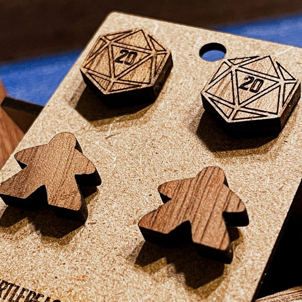 Laser Cut Wooden Meeple and  D20 Earrings - Geeky Dice Jewelry - RPG D&D Fashion - Handcrafted Stud Ear Accessory