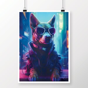 Printable poster, cyberpunk dog, digital