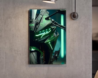 Fan Art Ninja H2R Metal Poster | Green Superbike Wall Art | Racing Motorbike Print Garage Decor Kawasaki Sport Bike Neon Sign Man Gift 8x12