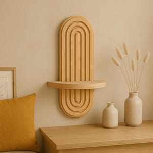 Boho Style Wooden Wall Shelf – Geometric Modern Wall Mounted Shelf, Natural Wood, Decorative Display for Plants & Home