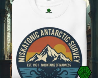Sudadera de la Universidad de Miskatonic sobre la Encuesta Antártica / Las Montañas de la Locura / Cuello redondo de HP Lovecraft / Sudadera Dark Academia / Mitos de Cthulhu