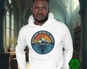 Sudadera con capucha de la Universidad de Miskatonic sobre la Antártida / Las Montañas de la Locura / Regalo de HP Lovecraft / Sudadera de Dark Academia / Mitos de Cthulhu unisex
