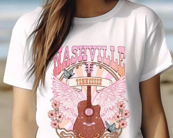 Nashville Tennessee Tee Retro Graphic T Shirt Cute Guitar Wings Country Music Girly Sassy Top Y2K