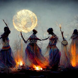 Spiritual Women Dancing Around A Fire At Night Under The Full Moon – Quantum Healing Artwork