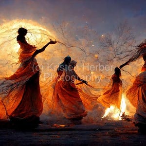 Spiritual Women Dancing Around A Fire At Sunset – Quantum Healing Artwork
