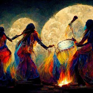 Spiritual Women Hitting Drums By A Fire Under A Full Moon – Quantum Healing Artwork