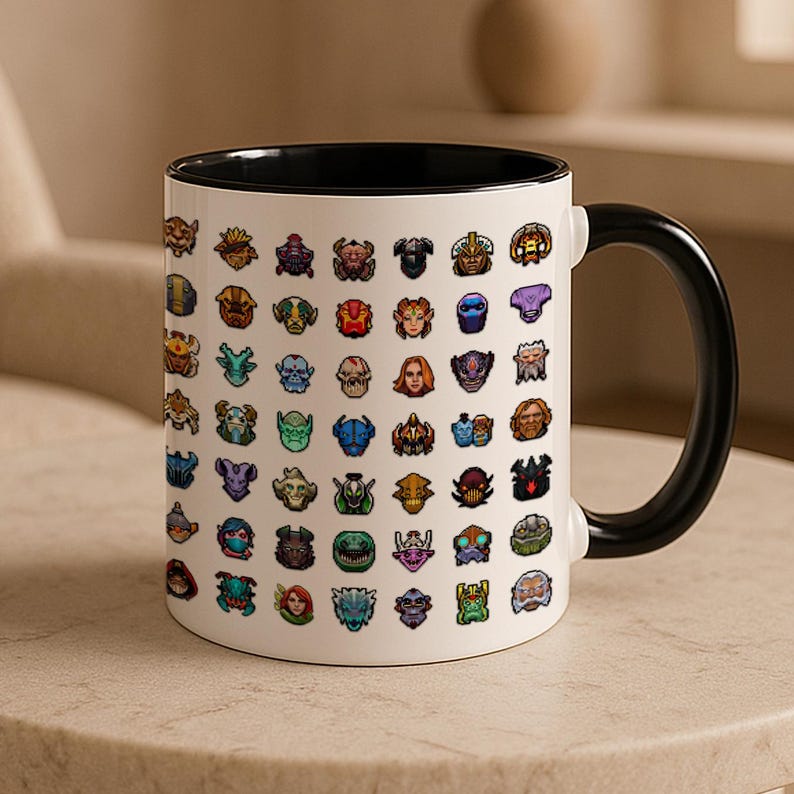 May include: White ceramic mug with a black interior and handle. The mug is covered in a grid of colorful, pixelated character portraits. The portraits feature a variety of fantasy characters. The mug is sitting on a light-colored surface.