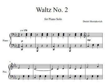 Vals No. 2 Dmitri Shostakovich, Notas musicales de piano, Notas musicales digitales, Partituras digitales, PDF imprimible, Descarga digital