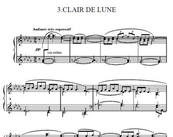 Debussy - Clair de Lune, Partitions pour piano, Musique romantique, Classique, Téléchargement numérique, Notes imprimables, notes de musique