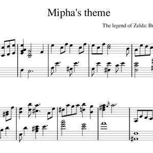 May include: Sheet music for the "Mipha's theme" song from the video game "The Legend of Zelda: Breath of the Wild". The music is written in standard notation with a treble clef and a bass clef.