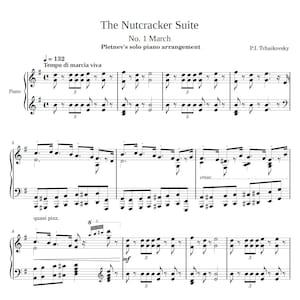 Puede incluir: Partitura de la Suite El Cascanueces No. 1 Marcha, un arreglo para piano solo de Pletnev. La música está escrita en notación estándar con una marca de tempo de = 132 y las palabras "Tempo di marcia viva" sobre la primera compás.
