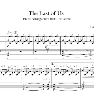 Puede incluir: Partitura de piano de "The Last of Us", un arreglo del juego. El título y el nombre del compositor están en la parte superior. La notación musical incluye claves de sol y de fa, con notas e indicaciones dinámicas.
