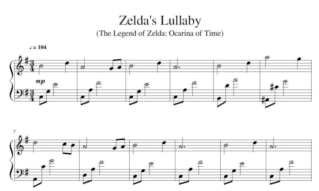 Zelda's Lullaby Piano Sheet Music: Easy Arrangement (digital Download ...