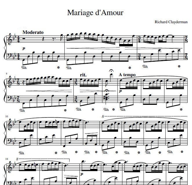 Piano Music Sheet - Digital Download - Richard Clayderman - Mariage D ...
