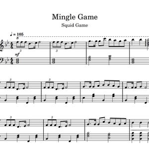 Puede incluir: Partitura musical para la canción "Mingle Game" de la serie de Netflix "Squid Game". La música está escrita en sol mayor y tiene un tempo de 105 pulsaciones por minuto.