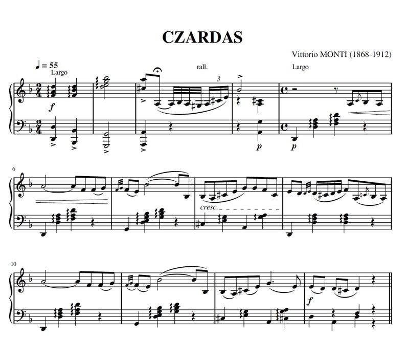Monti - Czardas | Piano Sheet Music (PDF Download) ONLY PIANO - Etsy