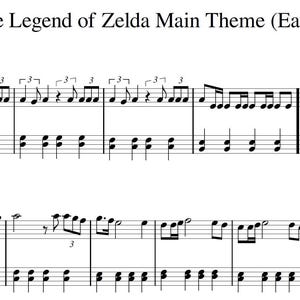 Puede incluir: Partitura para el tema principal de The Legend of Zelda (Fácil) de Koji Kondo. La música está escrita en notación estándar con claves de sol y fa. El tempo está marcado como 130 pulsaciones por minuto.