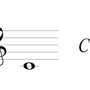 Op de afbeelding: Een enkele noot op een viool-sleutel met een C-noten aanduiding.