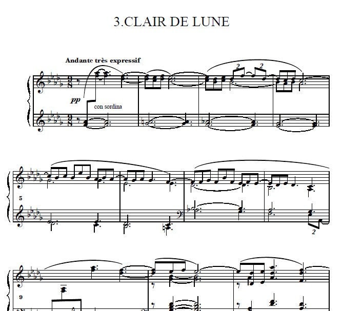 Debussy - Clair de Lune, Download digitale, Spartiti digitali, Musica romantica, Classica, Spartiti per pianoforte, Note stampabili, note musicali