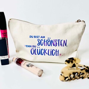 Trousse per cosmetici con scritta iridescente su cotone, Sei più bella quando sei felice, trousse per il trucco, ecc.