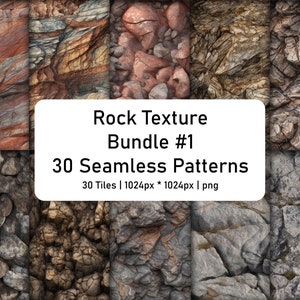 Könnte beinhalten: Ein digitaler Download von 30 nahtlosen Steintexturen. Die Muster sind 1024 Pixel mal 1024 Pixel groß und im PNG-Format. Die Texturen zeigen eine Vielzahl von Gesteinsformationen, darunter glatte, raue und geschichtete Steine.