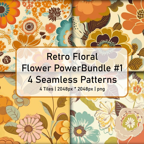 Retro Floral Flower Power Bundle #1, Illustration, 4 Seamless square Tiles 2048px PNG, instant download, for design projects +print