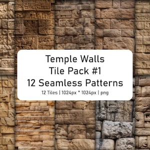 May include: Twelve seamless patterns of brown stone temple walls with intricate carvings. The tiles are 1024 pixels by 1024 pixels and are available as PNG files.  Temple Walls Tile Pack #1.
