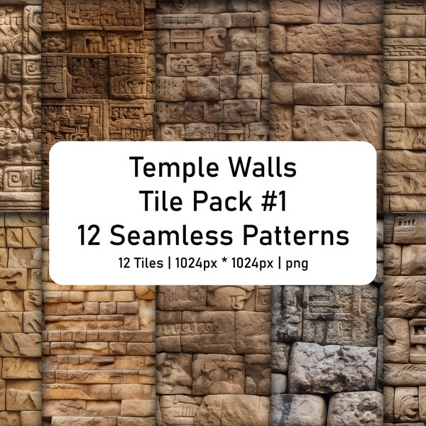 12 Temple walls Texture Tile Pack, Seamless square Patterns 1024px, digital download, PNG, for 3D modeling, texturing, maya inka egypt