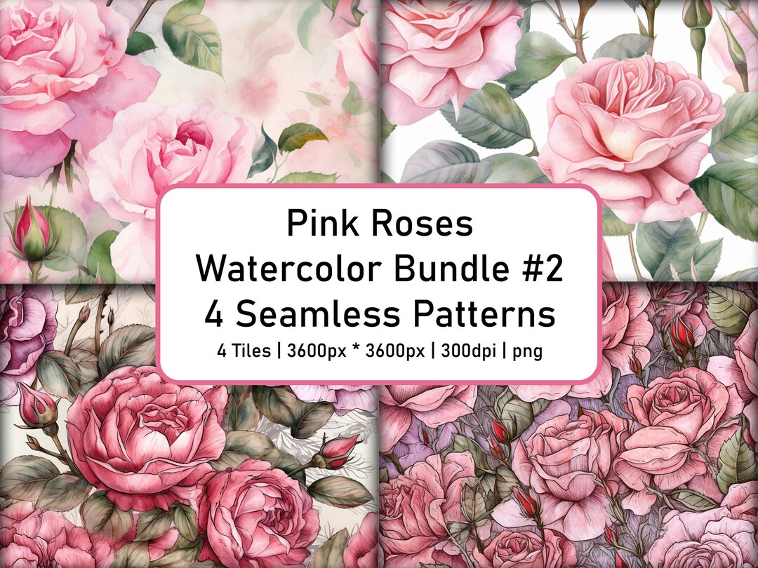 Pink Roses Digital Paper Watercolor Pattern Bundle 2, 4 Seamless Square ...
