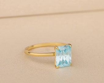 Modern Aquamarine Ring, March Birthstone Ring,Sterling Silver 14K Gold Ring, Gemstone Ring, Bridal Jewelry, Delicate Wedding Ring, Mom Wife